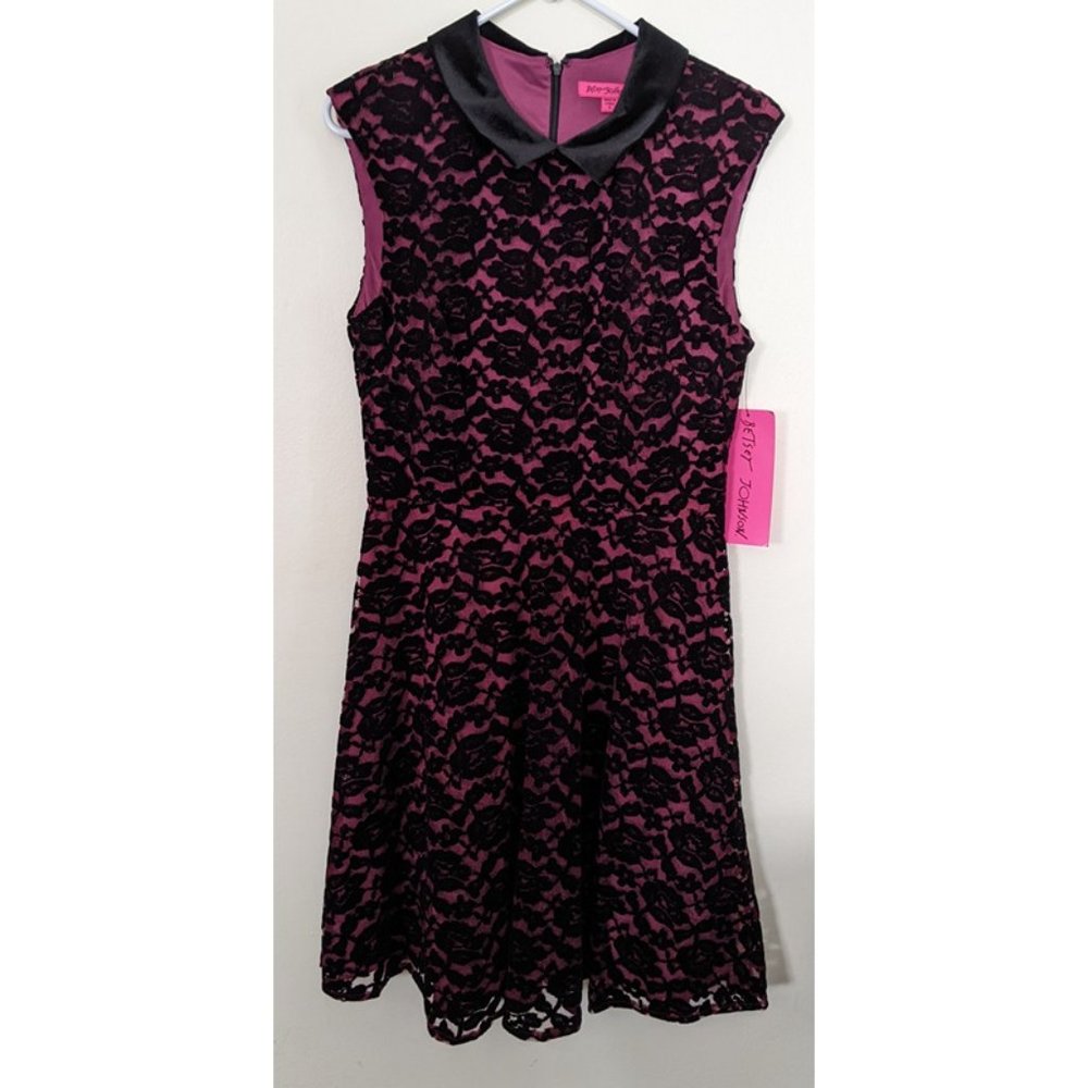 BETSEY JOHNSON Pink Cocktail Dress with Black Velvet Lace Overlay Sz 8